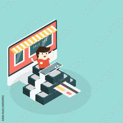 Desktop with shopkeeper sit on money vector illustration concept for online ordering goods, e-commerce, online shopping