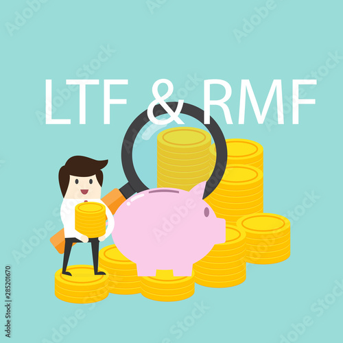 Business man stand on coin with piggy bank, financial savings long-term deposit investment.illustration concept.with word LTF , RMF.