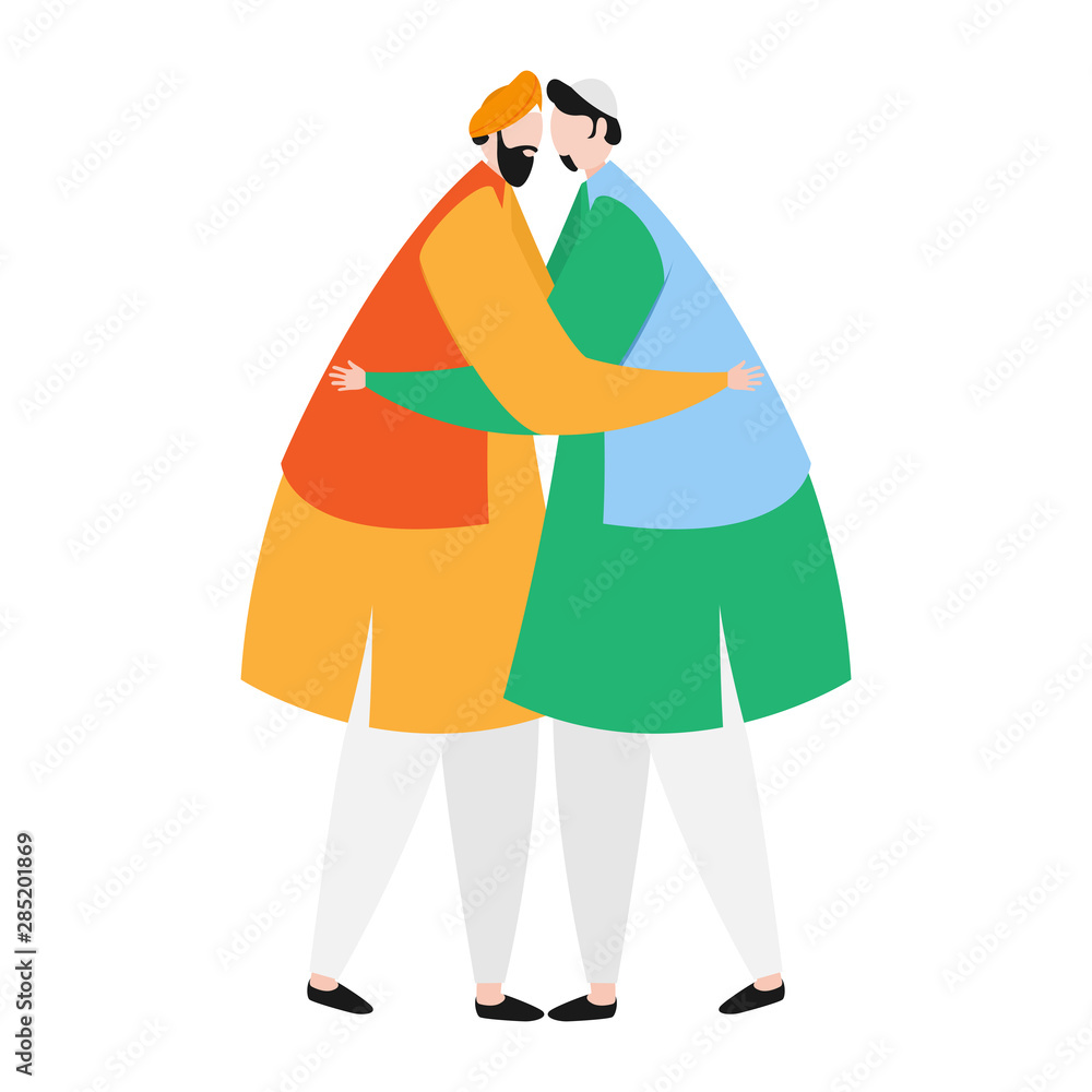 Sikh (Punjabi) and Muslim man hugging to each other and showing Indian Unity.