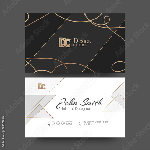 Front and back view of Interior Designer business card or horizontal template design.