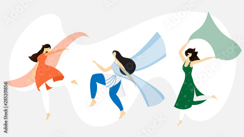 Character of faceless young girls activity in different pose on white background.
