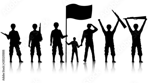 Silhouette of Soldiers holding wavy flag with rifles on white background.