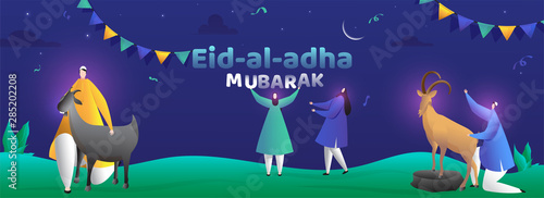 Advertising website header or banner design with illustration of muslim men holding goat and young lady dancing on occasion of Eid-Al-Adha celebration concept.
