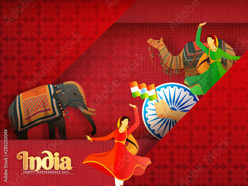 Indian women in dancing pose with Ashoka Wheel, elephant and camel illustration on red paper cut pattern background for India Independence Day celebration poster or banner design.