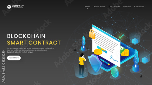 Advertising landing page or website design with business man signing online money transaction form apply by smartphone, security analysis data management for Blockchain or Smart contract concept.