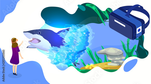 Illustration of girl watching to imaginary underwater animal of wheal fish through VR glasses for Virtual reality poster or landing page design.