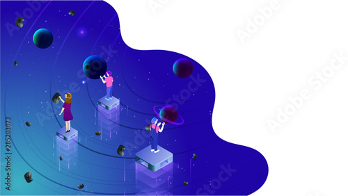 Virtual reality concept based isometric design with illustration of people watching to imaginary universe through VR glasses.