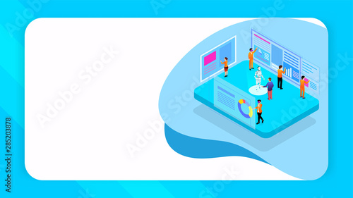 Virtual co-working concept based design, illustration of people working robotic project with analysis data management through VR glasses.