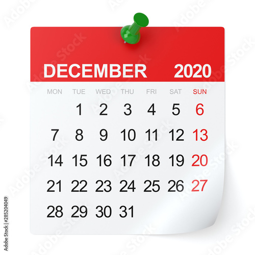 December 2020 - Calendar. Isolated on White Background. 3D Illustration