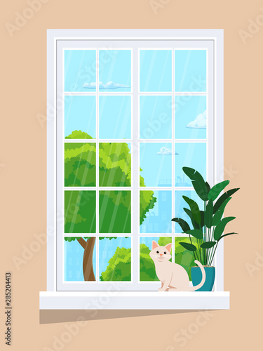 Window with summer view. With a plant on the windowsill and a cat.