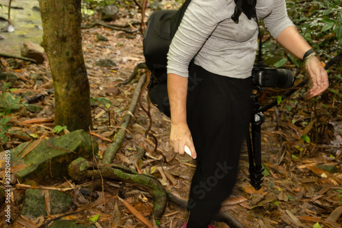 Selected focus woman spraying mosquito insect repellent on her leg in tropical forest.