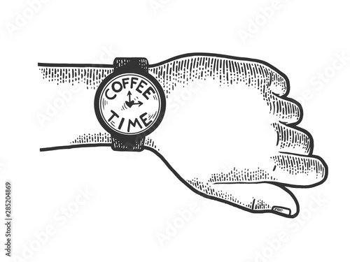 Hand with wristwatch coffee time sketch engraving vector illustration. Scratch board style imitation. Black and white hand drawn image.