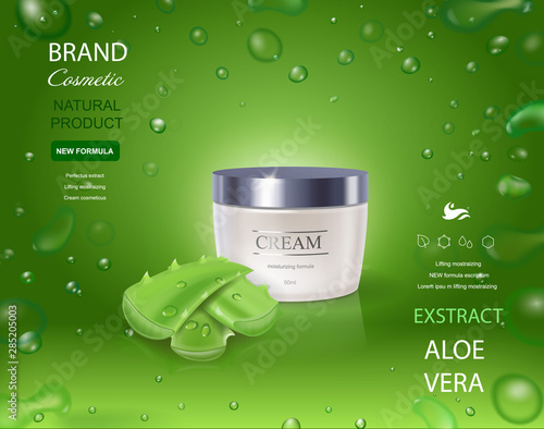 Aloe vera realistic cream container cosmetics for skincare. Health product for body, green background, aloe leaves