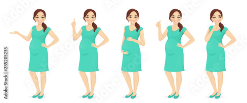 Cute woman pregnant in dress standing in different poses isolated vector illustration