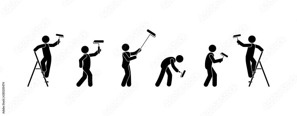 man is engaged in repair, isolated silhouettes of people, wall painting  icons, stick figure people with paint roller Stock Vector