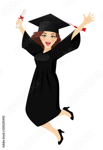 Excited student girl with hat of graduation on head and diploma in hand jumping for joy isolated vector illustration