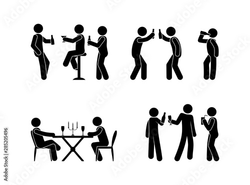 people drink spirits drinks icon set, stick figure illustration bar, restaurant, stickman with a bottle in hand