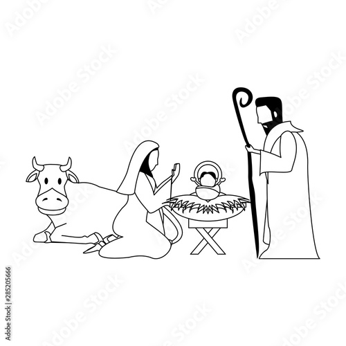 merry christmas nativity christian cartoon in black and white