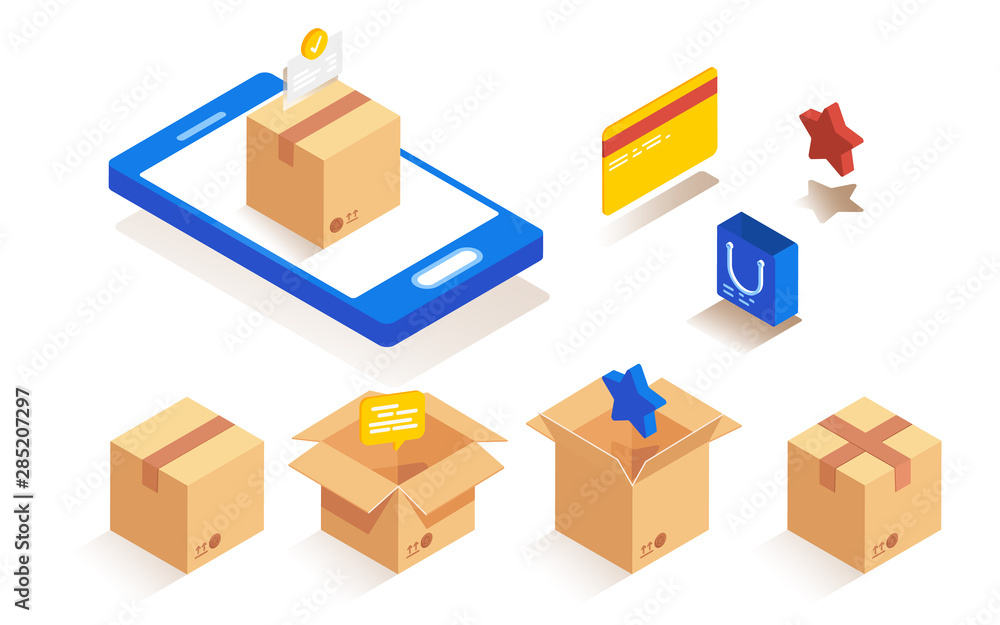 Isometric packaging paper boxes set for delivery and packaging of goods.