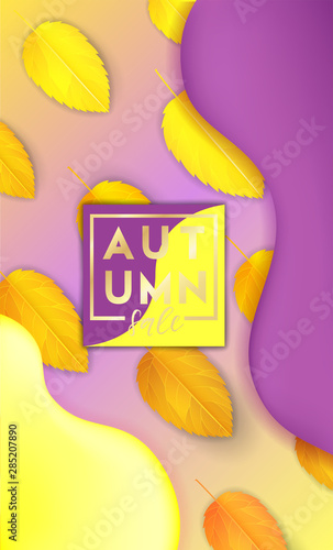 Vertical colorful background with 3D abstract liquid layers, paper cut waves, realistic fall leaves. Autumn vector background design layout for social media, stories template, banners, flyers