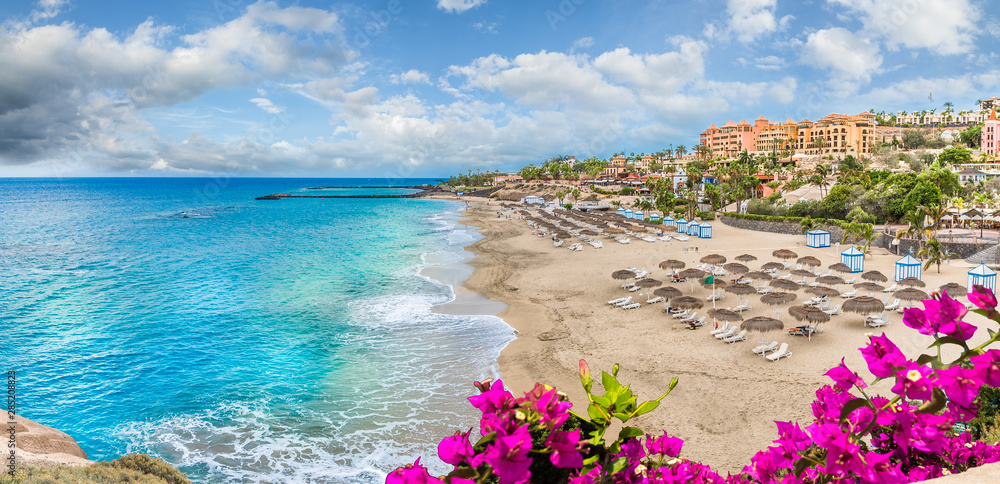 Landscape with El Duque beach at Costa Adeje. Tenerife, Canary Islands, Spain - obrazy, fototapety, plakaty 