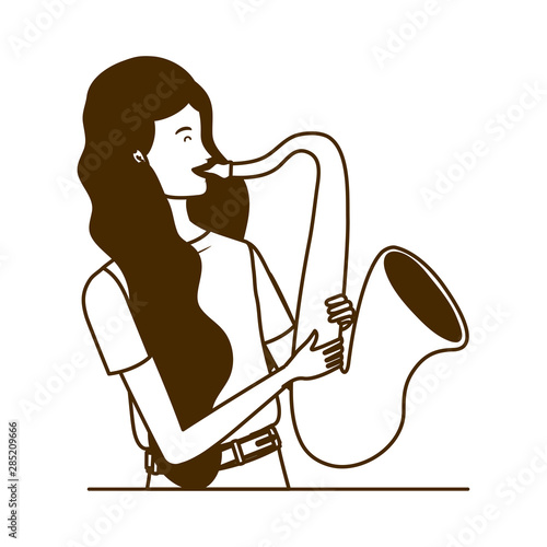 silhouette of woman with saxophone on white background
