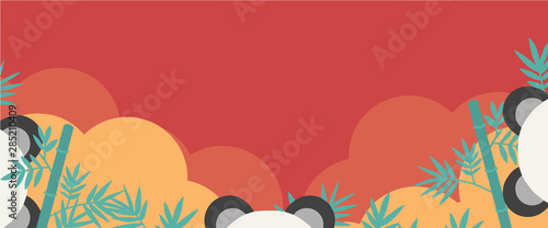 Asia style vector web banner with copy space, panda ears, bamboo and golden clouds on red background