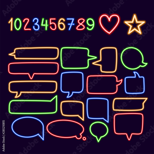 Collection of colorful neon speech bubbles with space for text. Set of transparent electric light frames isolated on dark background.
