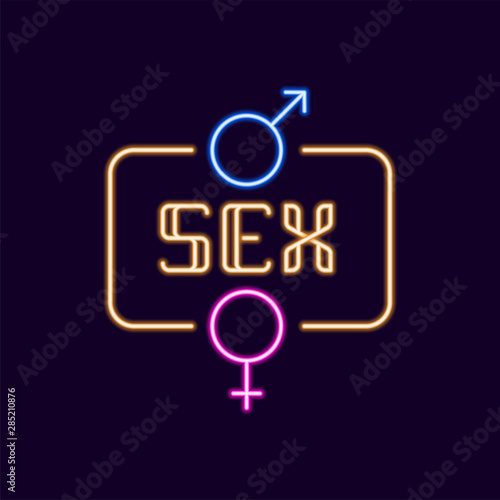Sex Neon font with icon, 80s text letter glow light Retro techno acid style. Vector illustration