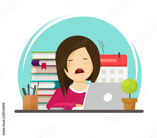 Sad pupil or student person tired study of learning vector illustration, flat cartoon woman or girl character stressed while education or working with exhausted or depressed face image