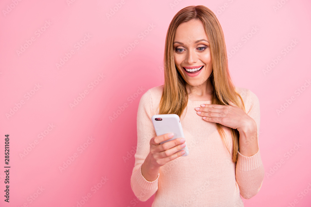 Portrait of impressed person people touch hand palm chest have incredible novelty isolated over pink background Portrait of impressed person people touch hand palm chest have incredible novelty isolated over pink background