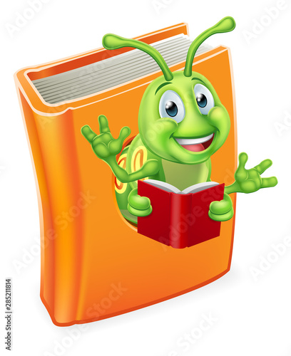 A cute bookworm caterpillar worm cartoon character education mascot coming out of a books reading
