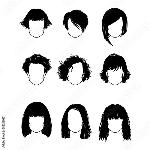 Women's haircuts silhouettes vector set. Ttypes of hairstyles.