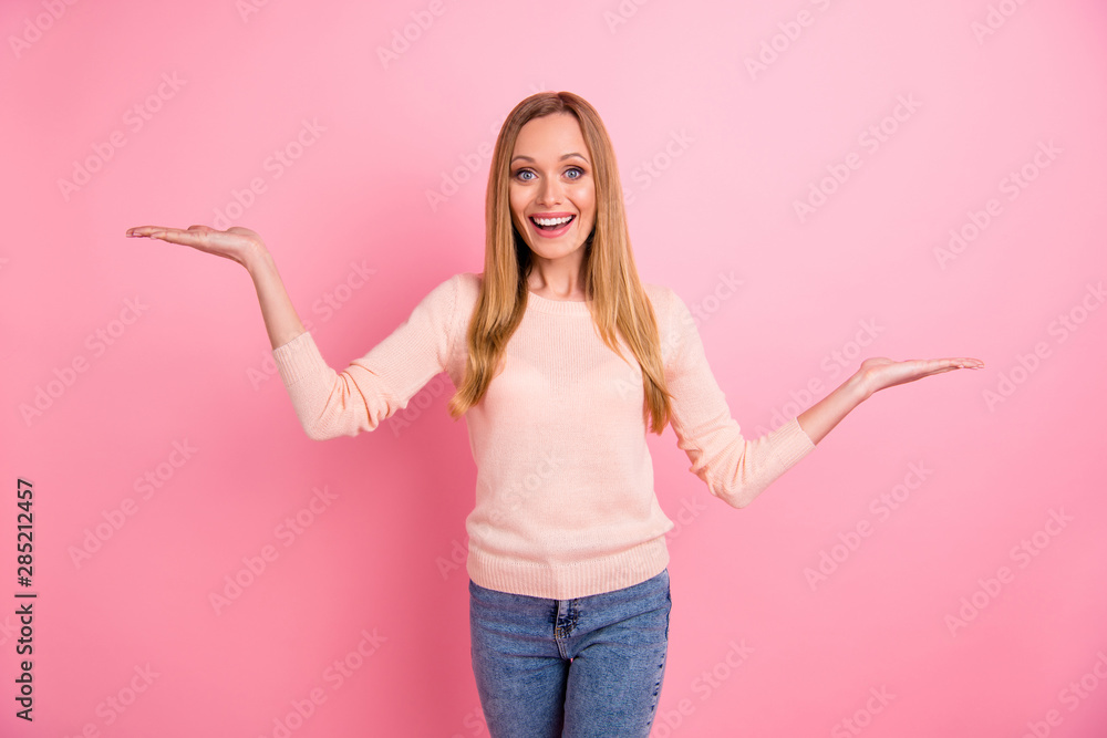 Portrait of funny funky girl impressed unbelievable novelty scream wear denim jeans isolated over pink background Portrait of funny funky girl impressed unbelievable novelty scream wear denim jeans isolated over pink background