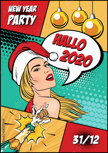 Woman in santa claus hat with speech bubble. Pop art vector illustration. New Year Party comic stile.  