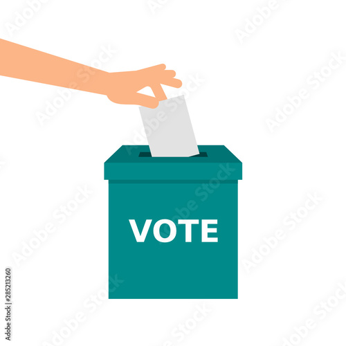 Hand is putting voting paper in the ballot box. VOTE message. Elections, democracy,participation,vote,concept. Calling for participation in elections. Vector illustration, flat style, clip art.