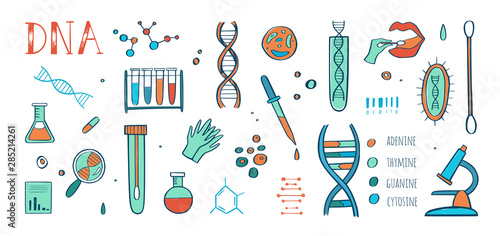Genetic engineering and medical research vector background. DNA helix, genome testing elements. Chemical laboratory concept