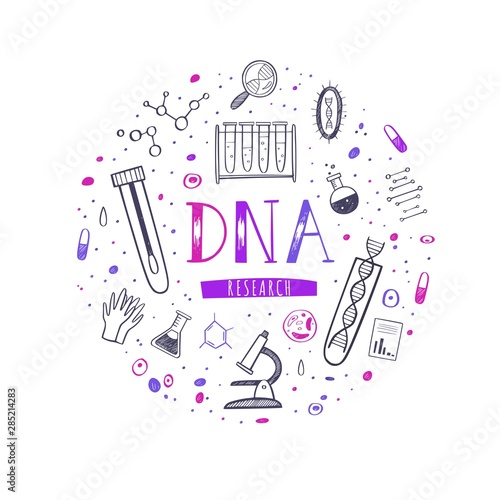 Vector Illustration, poster with equipment for DNA testing, research and hand drawn Lettering. Conceptual design for chemical, biological and medicinal laboratory, school, clinic