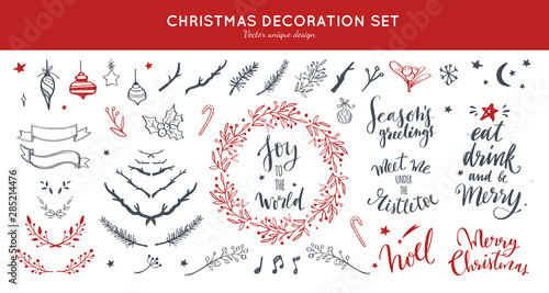Christmas decoration vector hand drawn set. Set doodle festive laurels and brunches, wreath for Christmas, New Year. Handwritten Lettering, inspirational quotes