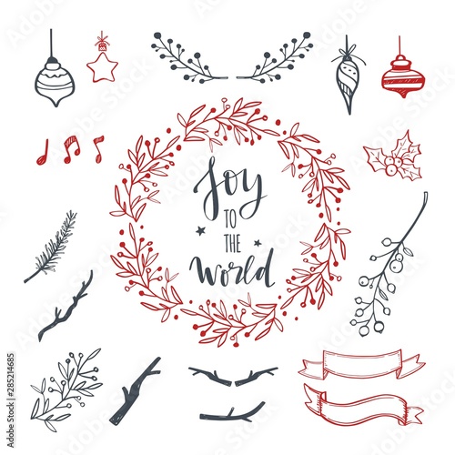 Christmas decoration vector hand drawn set. Set doodle festive laurels and brunches, wreath for Christmas, New Year. Handwritten Lettering, inspirational quotes