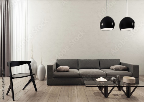 Minimalistyczne wnętrze w stonowanych barwach z kanapą, szklaną ławą, krzesłem i drewnianą podłogą.
