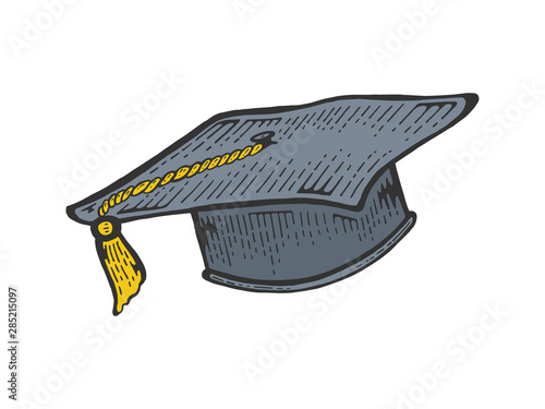 Square academic cap color sketch engraving vector illustration. Scratch board style imitation. Black and white hand drawn image.