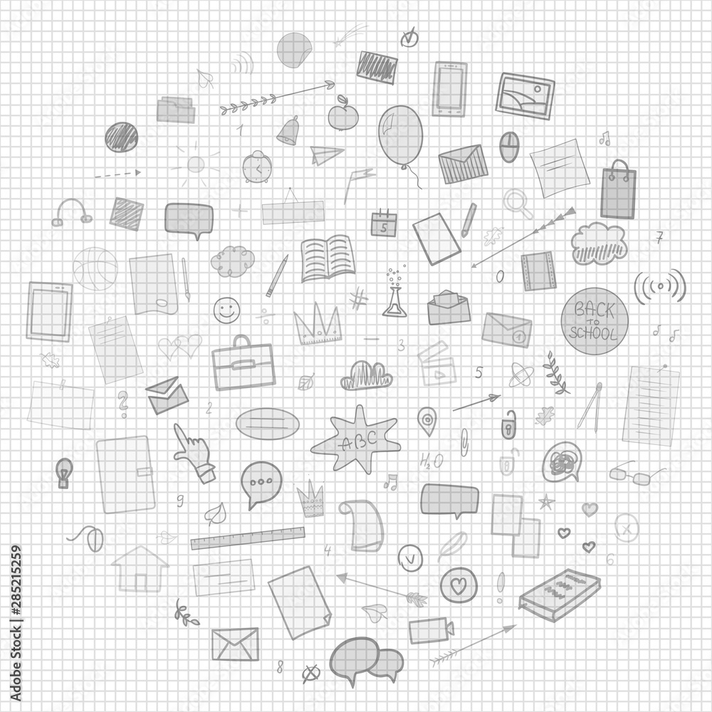 Hand drawn infographic elements. Education concept. Abstract pattern with school supplies. Graphic paper background. Checkered texture. Back to school. Black and white illustration