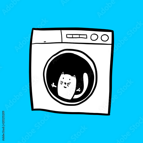 Cat character inside washing mashine. Funny comic cartoon illustration. Isolated vector.
