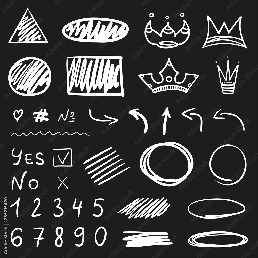 Infographic elements on isolated black background. Hand drawn simple signs. Line art. Abstract symbols. Black and white illustration Infographic elements on isolated black background. Hand drawn simple signs. Line art. Abstract symbols. Black and white illustration