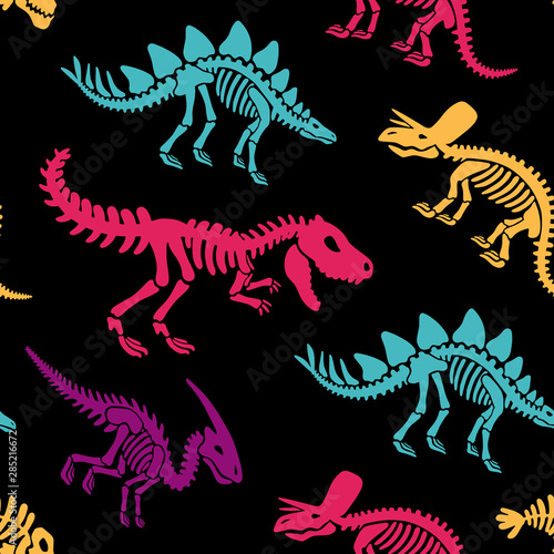 Dinosaurs skeletons fossils seamless pattern. Tshirt print  fabric  modern background. Vector