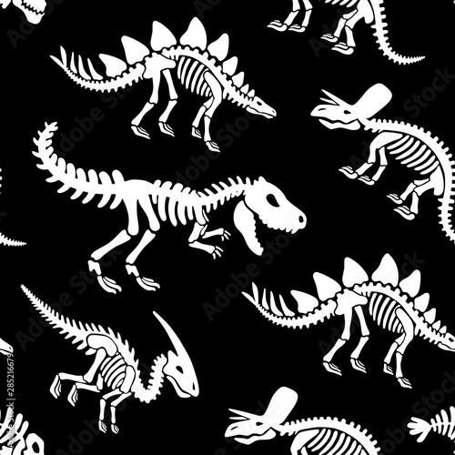 Dinosaurs skeletons fossils seamless pattern. Tshirt print, fabric, modern background. Vector © brandianna