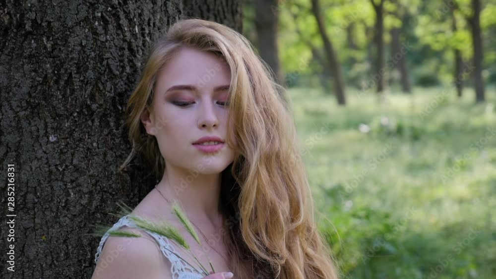 The girl is resting in the park. A girl sits on a grass near the tree in a park The girl is resting in the park. A girl sits on a grass near the tree in a park