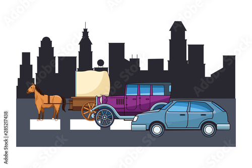 Classic cars and horse carriages vehicles