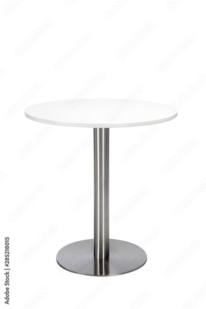 Modern white round small coffee table on a white background. Side view with clipping path Modern white round small coffee table on a white background. Side view with clipping path